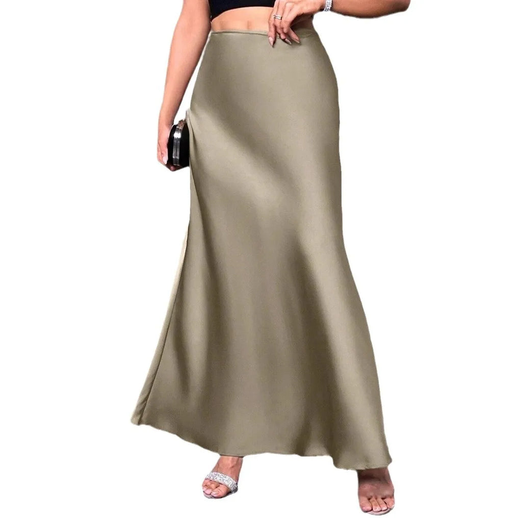 Women Ribbon Satin Long Skirts Summer High Elastic Waist Pleated Fake Mermaid Skirt DFFZ-B0038