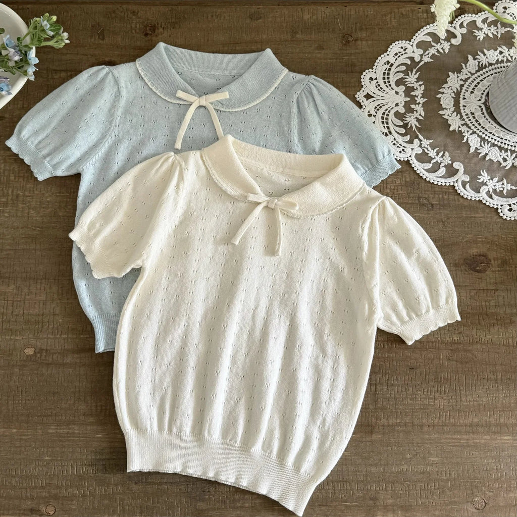 Girls Lapel Collar Short Sleeved Knitwear