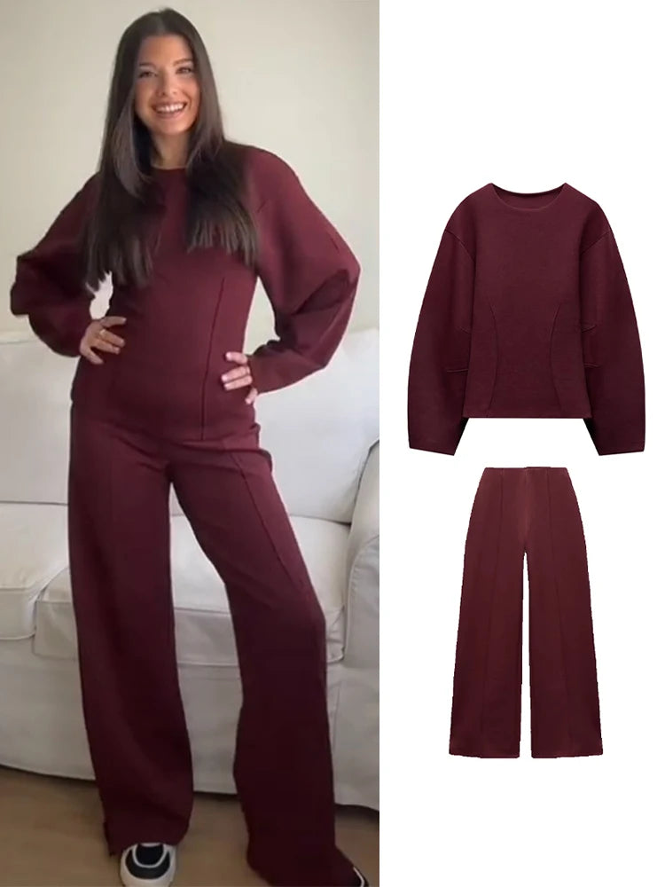 Women Pants Sets Elegant O-neck Long Sleeve Sweatshirt Elastic Waist Straight Pants Suit 2025 Spring Autumn New Lady Sportwears
