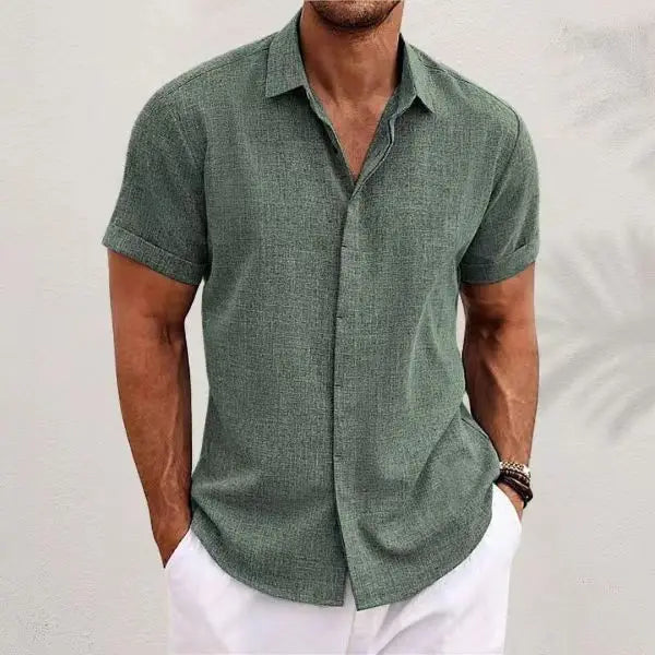 Men's White Shirt Short-sleeved Cotton Linen Comfortable Solid Color Basic Top Casual Black Button Blouses for Male