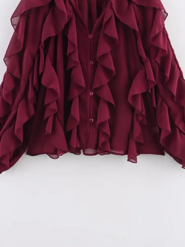 Women Long Sleeve Ruffle Trims Elegant Shirts & Blouses