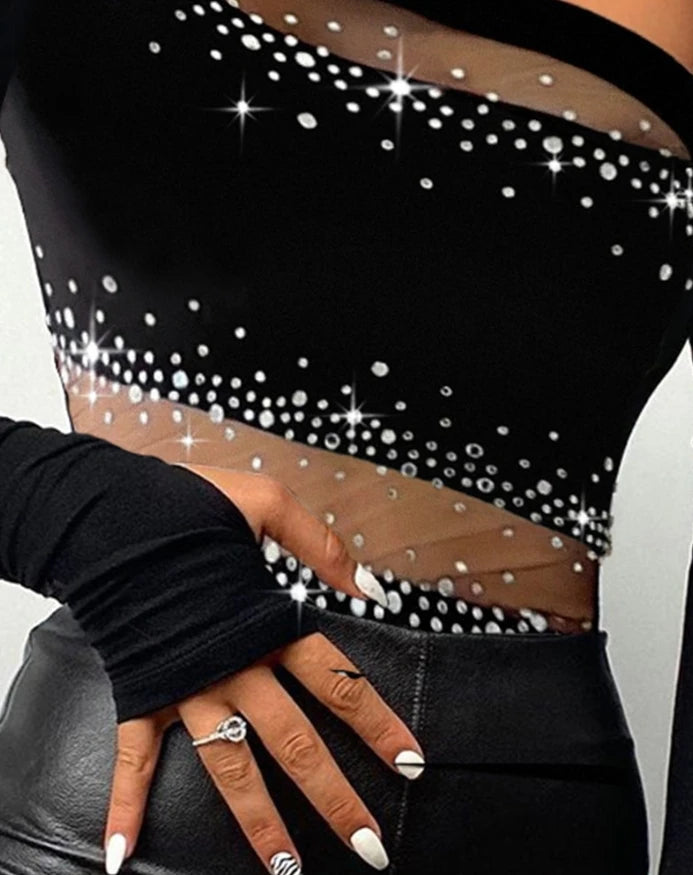 Top Women 2025 Spring New Fashion Rhinestone Bandeau Sheer Mesh Slim Fit Long Sleeve Tee Sexy Skinny Daily T-Shirt Top