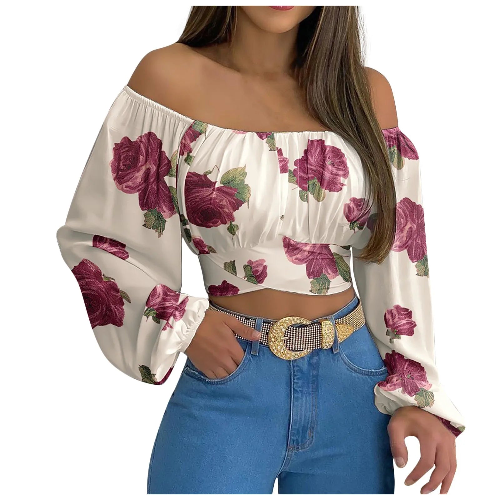 Sexy Slash Neck Backless Long Lantern Sleeve Floral Print Blouse Tops Summer Women Criss Cross Bandage Cropped T Shirt Tops