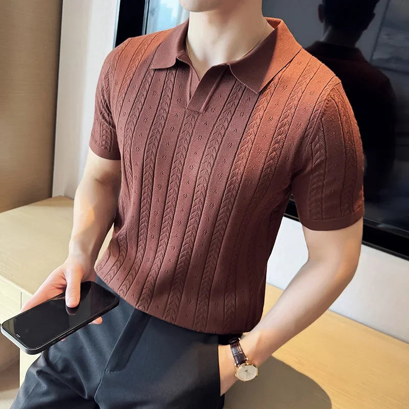 Men's Polo Shirt, Striped Jacquard Knit Short Sleeve, T-shirt V-neck Solid Color Elastic Top 2024. M-3XL,Summer Purple Thin