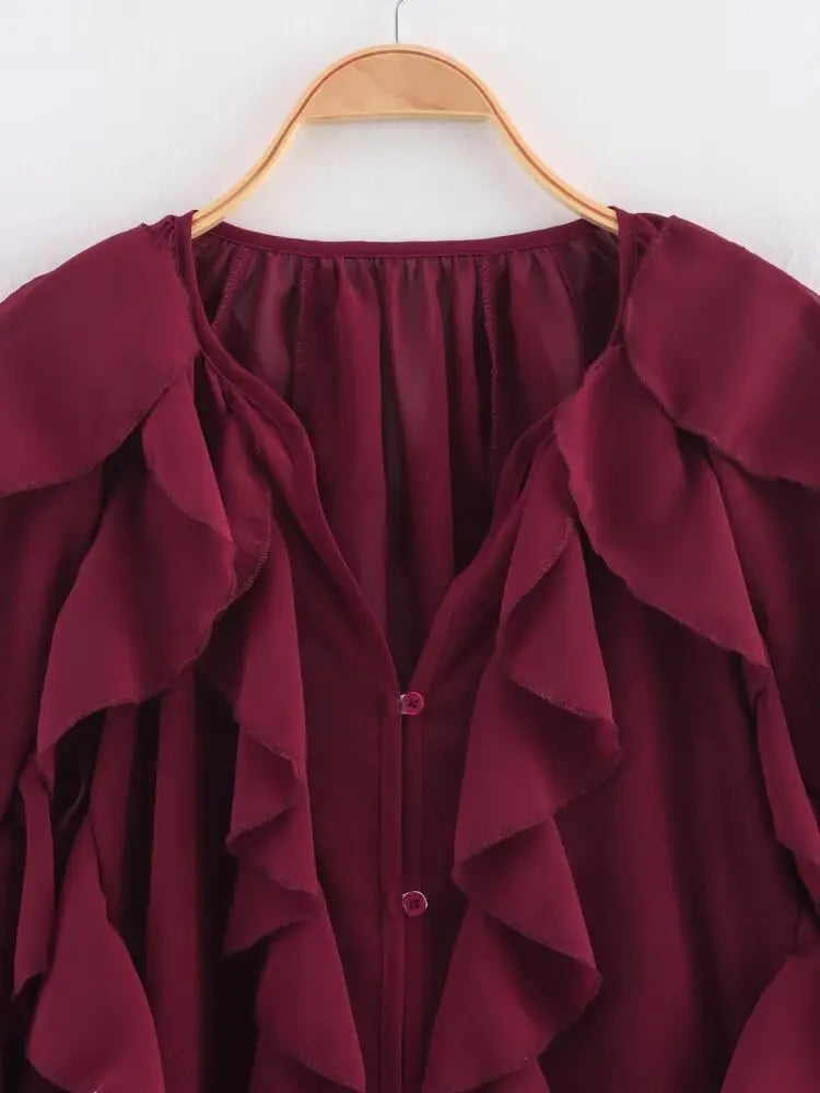 Women Long Sleeve Ruffle Trims Elegant Shirts & Blouses