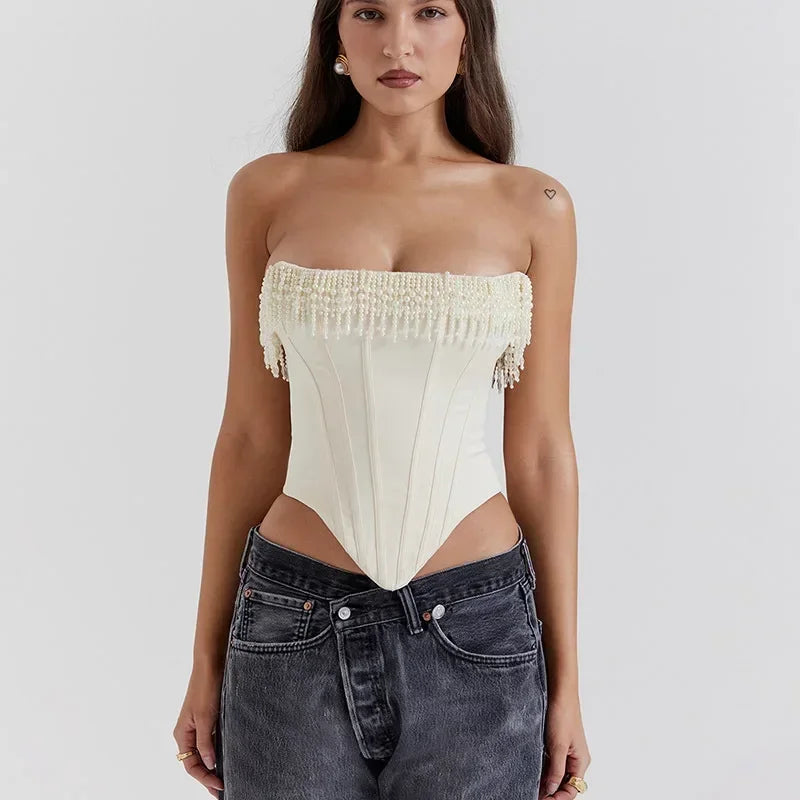Pearl Tassel Corset Strapless Crop Tops Women 2024 Spring Sexy White Sleeveless Backless Tops Ladies Fashion Club Partywear