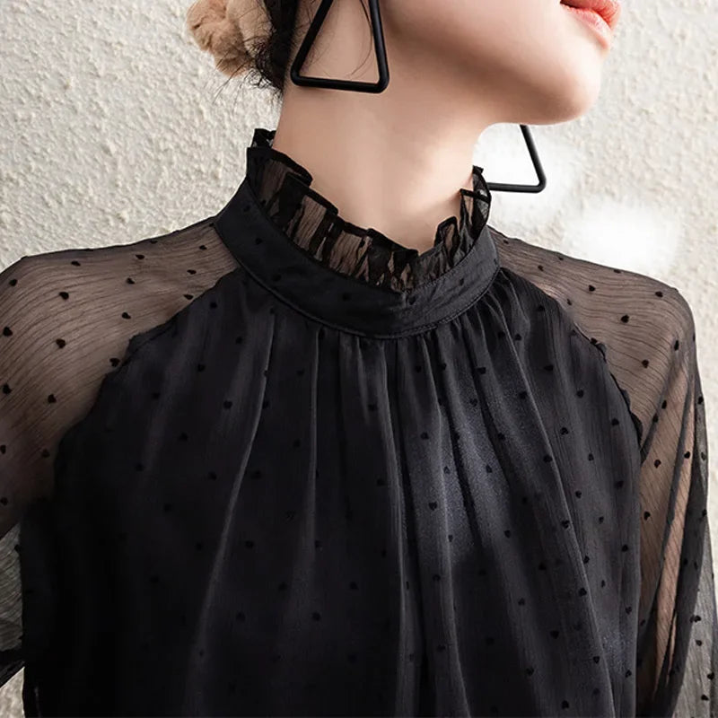 Spring Summer Black Polka Dots Mesh Women's Chiffon Blouses 2025 New Long Sleeve Stand Collar Vintage Loose Shirts Female