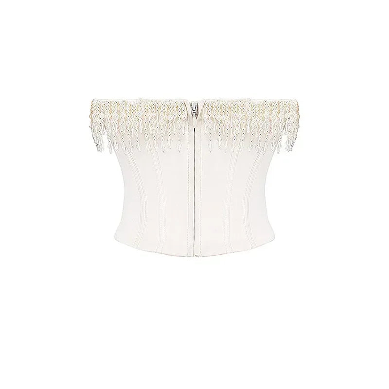Pearl Tassel Corset Strapless Crop Tops Women 2024 Spring Sexy White Sleeveless Backless Tops Ladies Fashion Club Partywear