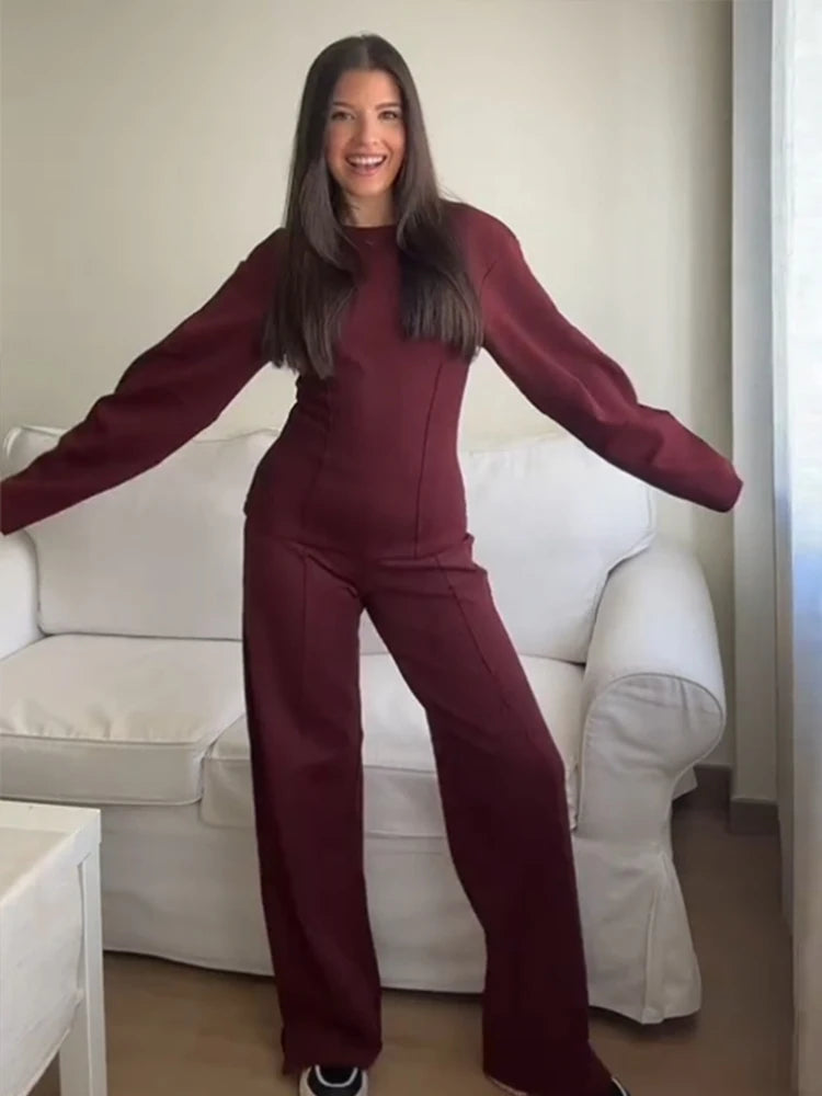 Women Pants Sets Elegant O-neck Long Sleeve Sweatshirt Elastic Waist Straight Pants Suit 2025 Spring Autumn New Lady Sportwears