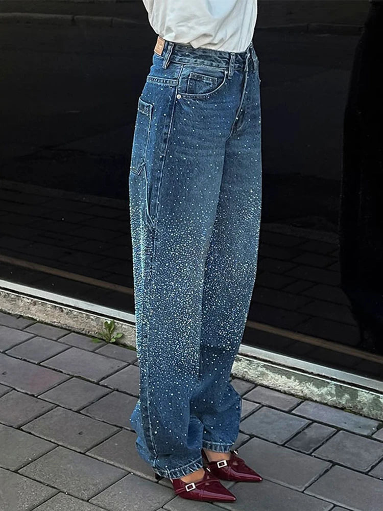 Rhinestone High Waist Jeans