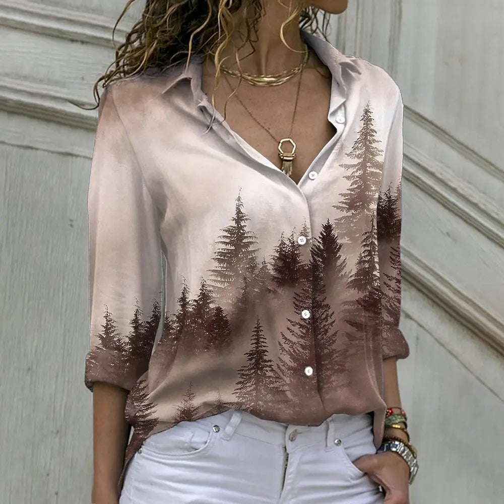 Forest And Tree Pattern Women Casual Shirts Spring Summer Long Sleeve 3D Printing Ladies Street Blouses 3XL Plus Size Shirt Tops