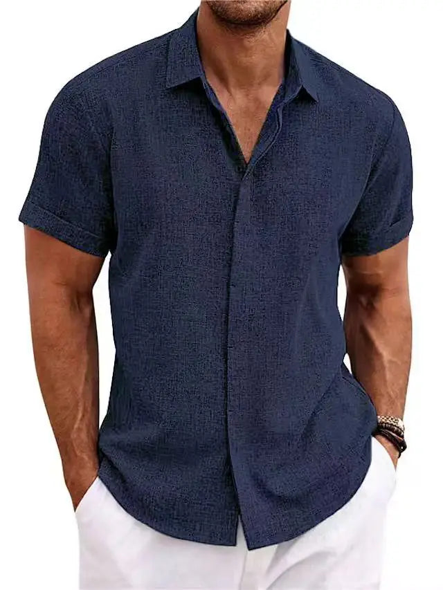 Men's White Shirt Short-sleeved Cotton Linen Comfortable Solid Color Basic Top Casual Black Button Blouses for Male