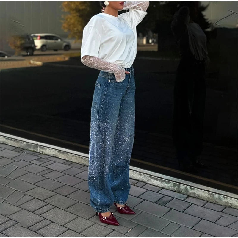 Rhinestone High Waist Jeans