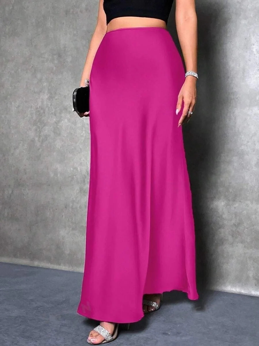Women Ribbon Satin Long Skirts Summer High Elastic Waist Pleated Fake Mermaid Skirt DFFZ-B0038