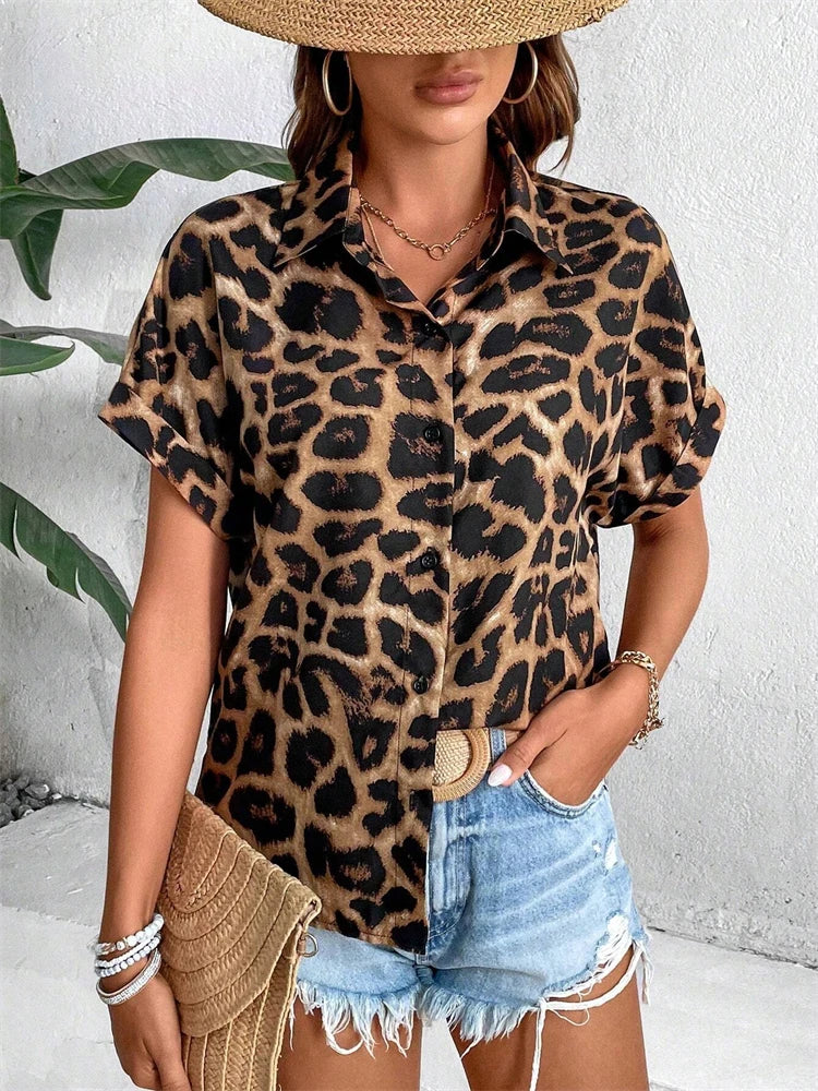 2025 New Ladies Casual Short Sleeve Shirt Fun Love Printed Lapel Button Down Shirt Daily Spring Summer Party Ladies Tops