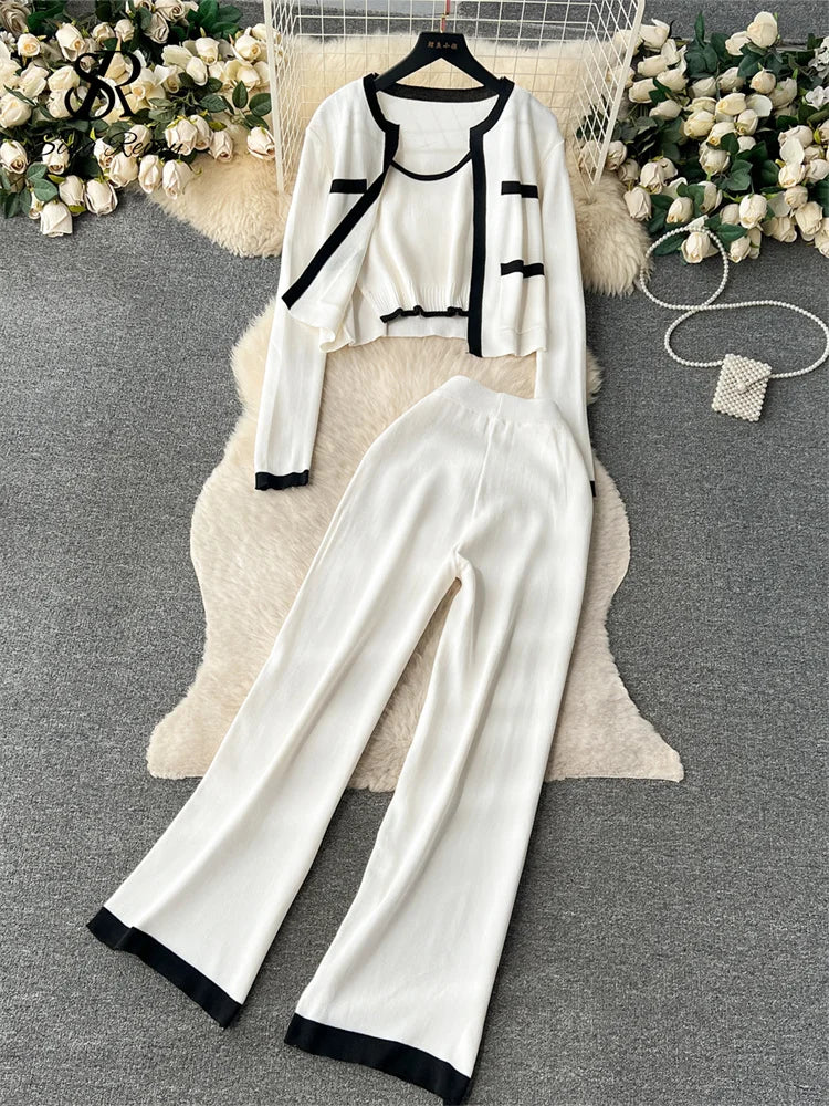 SINGREINY Autumn Knitted Three Pieces Sets 2025 Slim Tank Top+Long Sleeves Short Cardigan+Elastic Long Pants Fashion Sweater Set