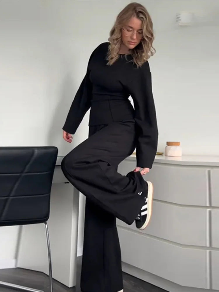 Women Pants Sets Elegant O-neck Long Sleeve Sweatshirt Elastic Waist Straight Pants Suit 2025 Spring Autumn New Lady Sportwears