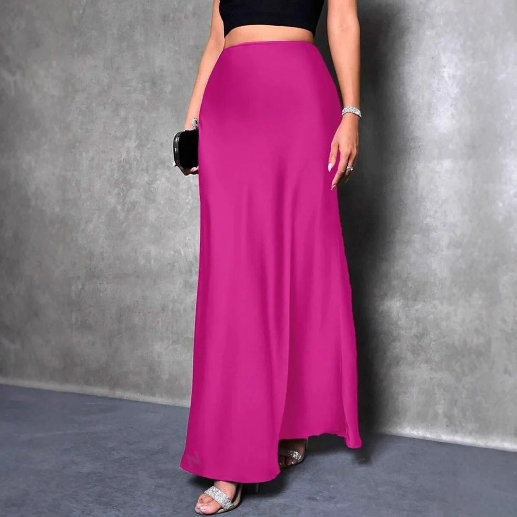 Women Ribbon Satin Long Skirts Summer High Elastic Waist Pleated Fake Mermaid Skirt DFFZ-B0038
