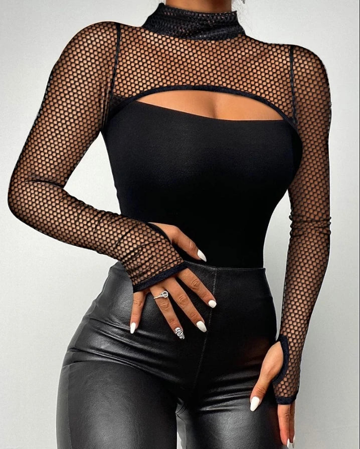 Top Women 2025 Spring New Fashion Rhinestone Bandeau Sheer Mesh Slim Fit Long Sleeve Tee Sexy Skinny Daily T-Shirt Top