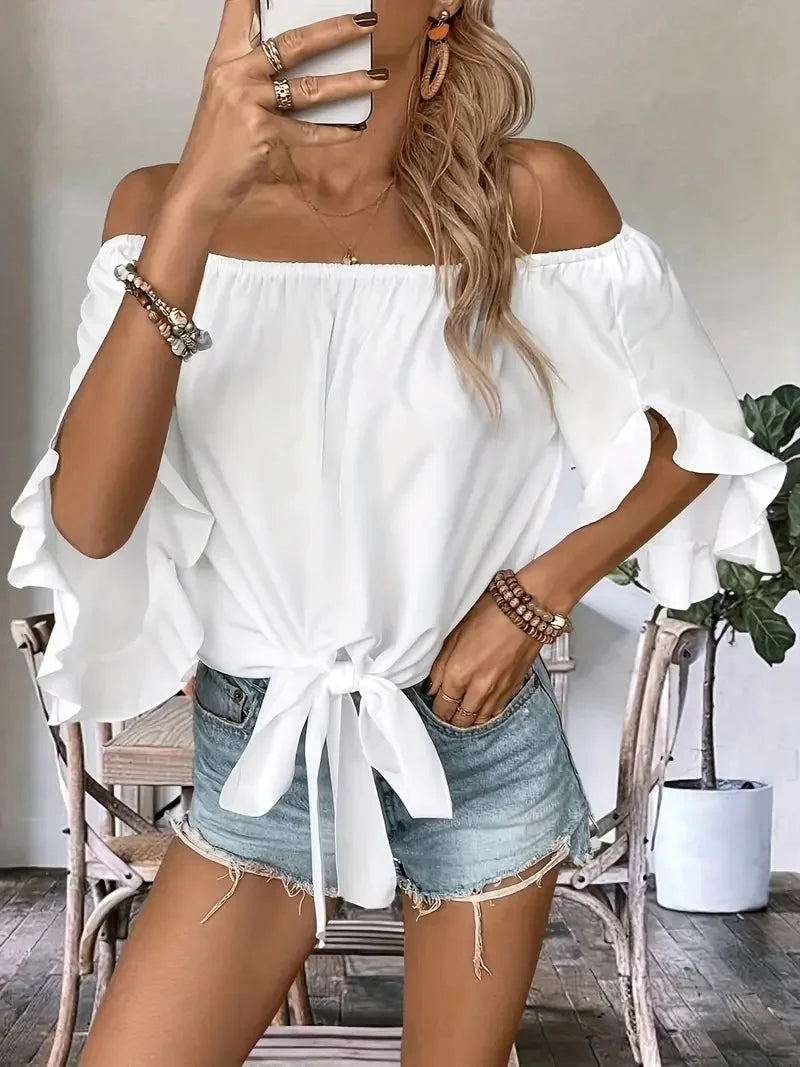 Summer One Shoulder Short Sleeved Tops for Women Solid Color Ruffle Sleeve T-Shirt Ladies Casaul Elegant Top Bow Tie Club Party