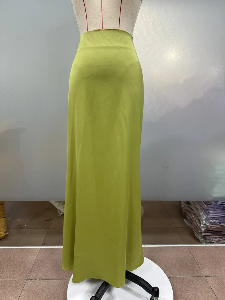 Women Ribbon Satin Long Skirts Summer High Elastic Waist Pleated Fake Mermaid Skirt DFFZ-B0038