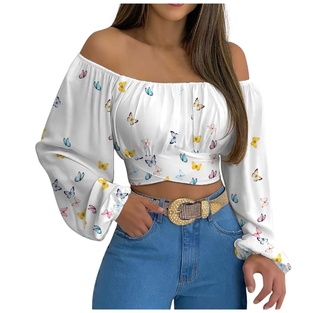 Sexy Slash Neck Backless Long Lantern Sleeve Floral Print Blouse Tops Summer Women Criss Cross Bandage Cropped T Shirt Tops