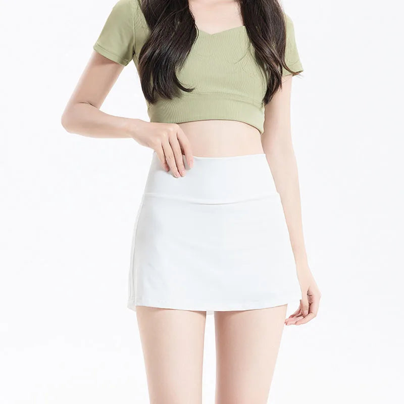 High-Waisted Sports Skirt for Women Solid Color Yoga Fitness Tennis Lining Shorts Skirts Female Cool Quick Drying A-Line Skirt