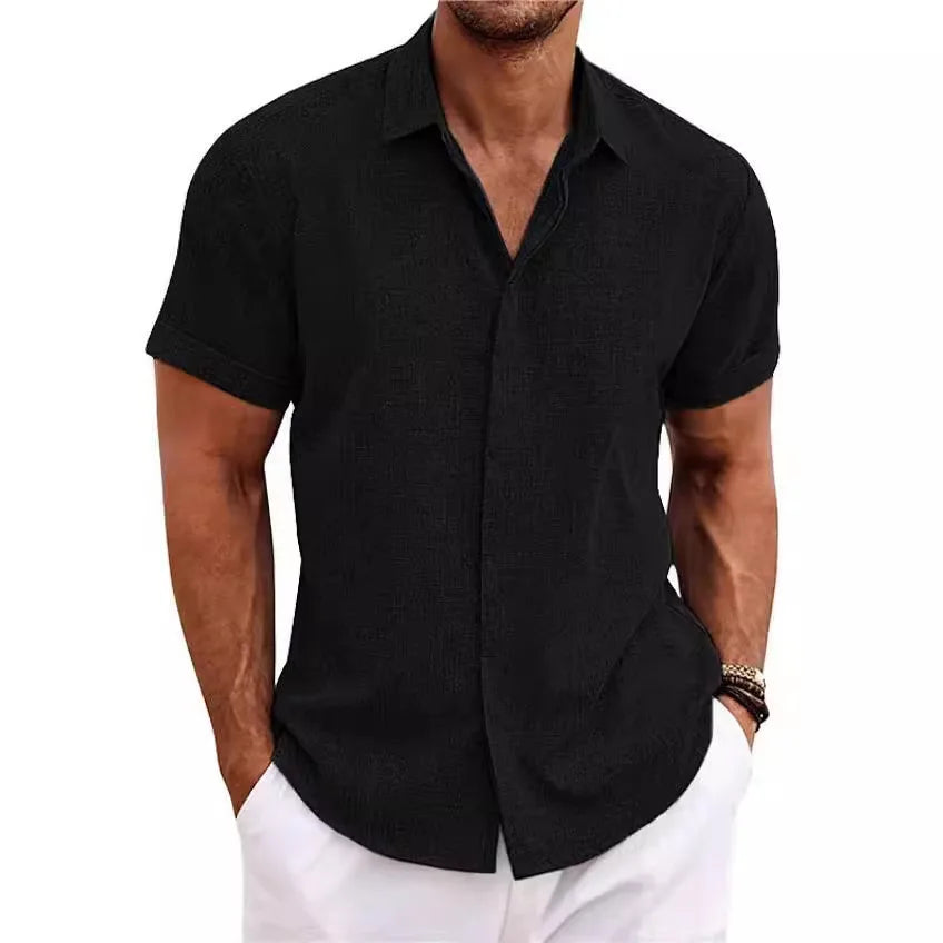 Men's White Shirt Short-sleeved Cotton Linen Comfortable Solid Color Basic Top Casual Black Button Blouses for Male