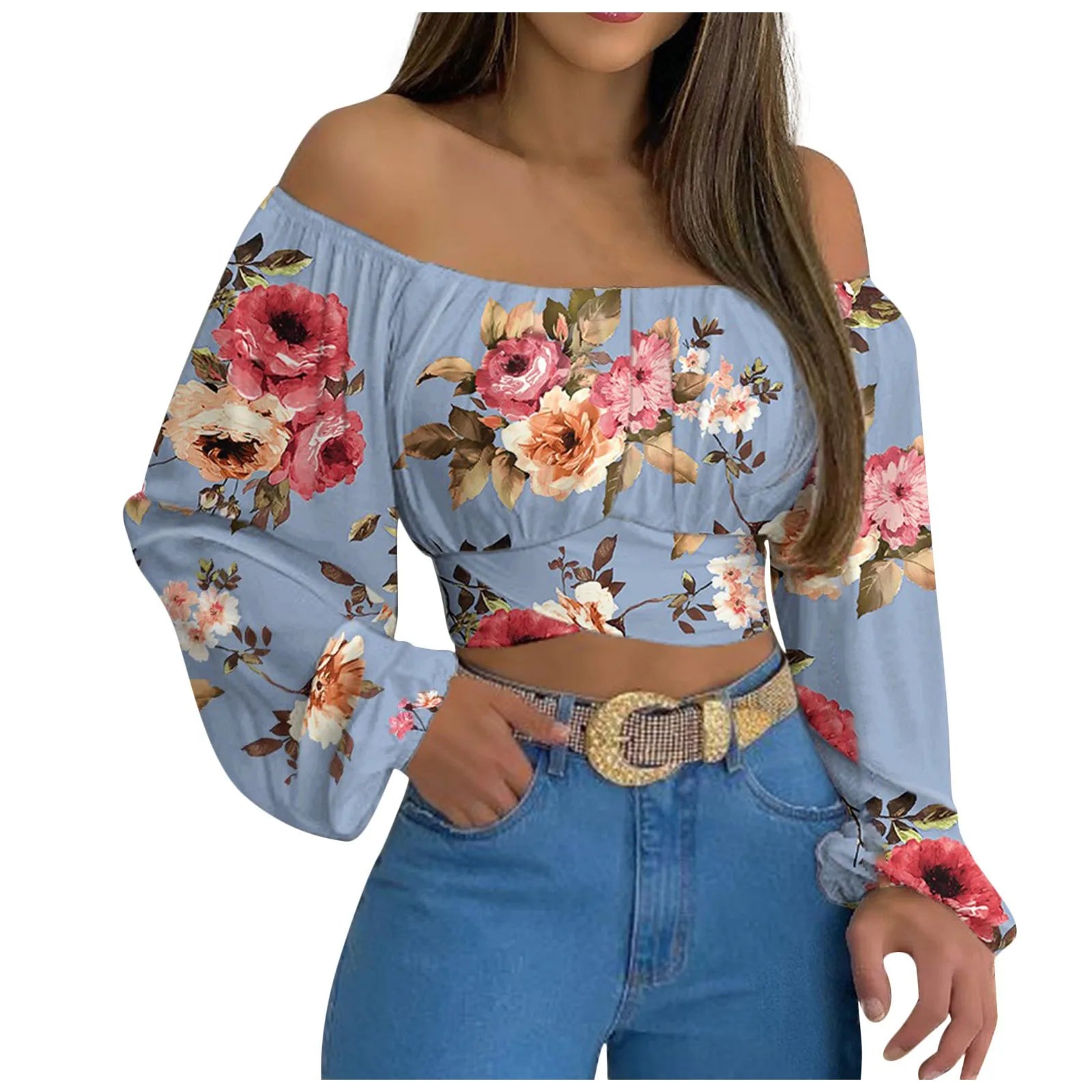 Sexy Slash Neck Backless Long Lantern Sleeve Floral Print Blouse Tops Summer Women Criss Cross Bandage Cropped T Shirt Tops