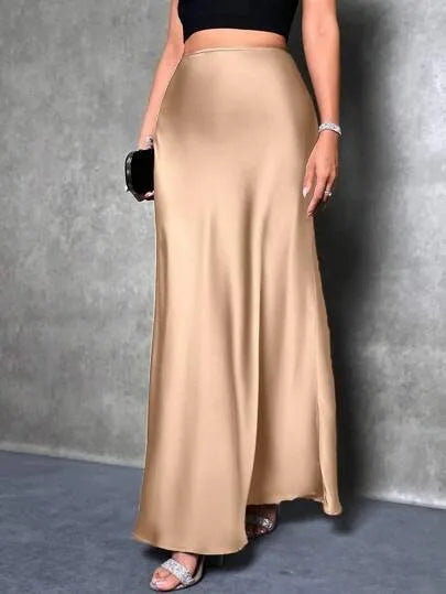 Women Ribbon Satin Long Skirts Summer High Elastic Waist Pleated Fake Mermaid Skirt DFFZ-B0038