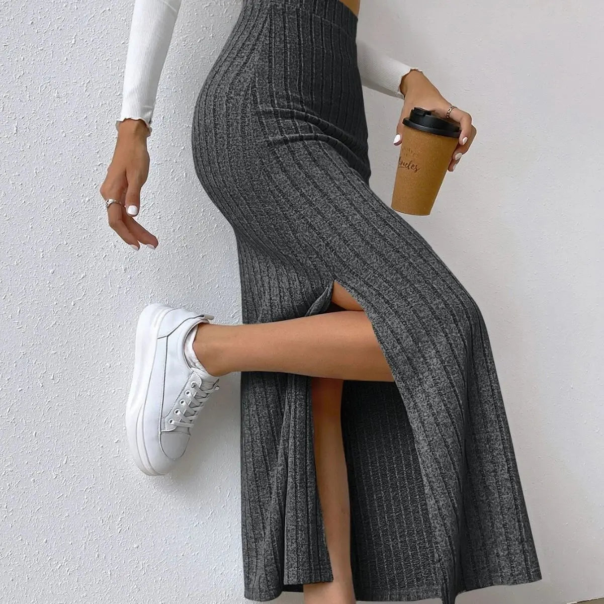 Knitted Skirt With Hip Slits For Women 2024 New Summer Style Side Slim Solid Color High Waist Long Skirt