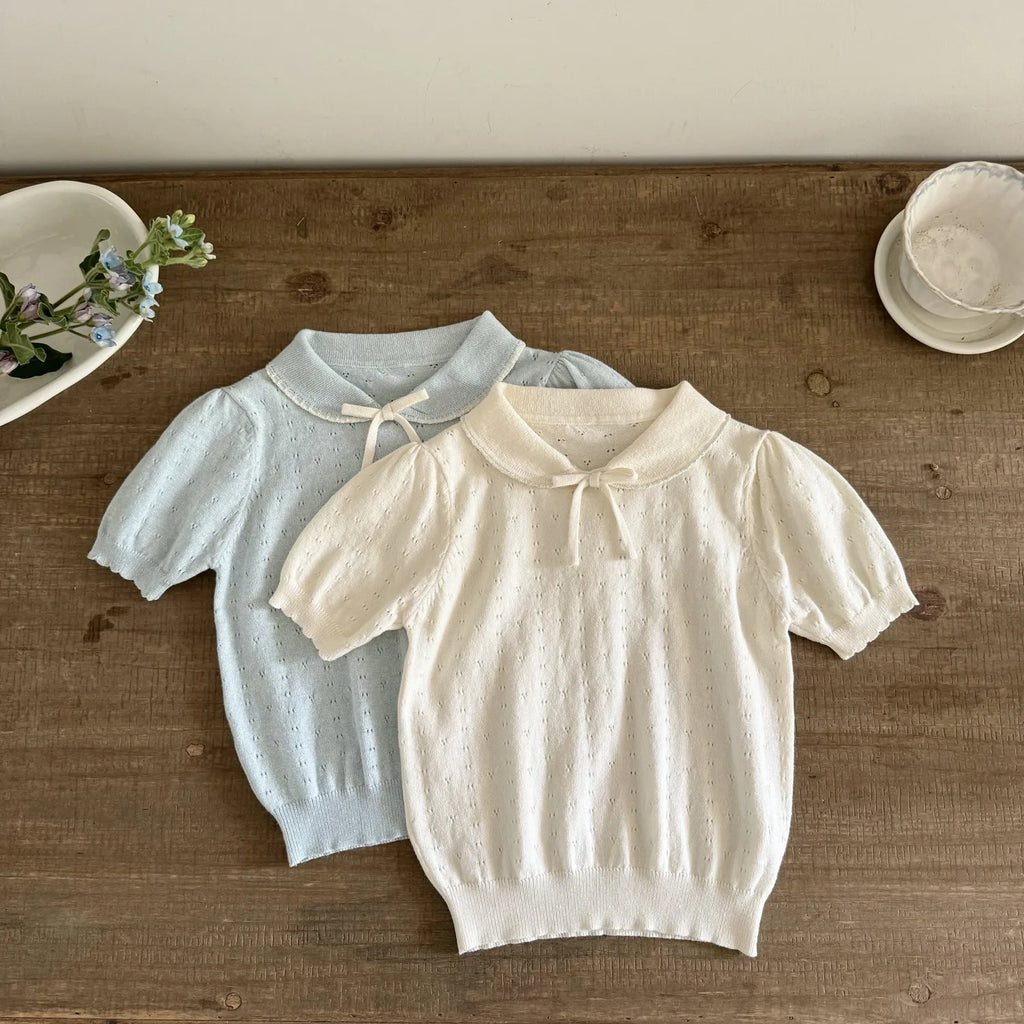 Girls Lapel Collar Short Sleeved Knitwear