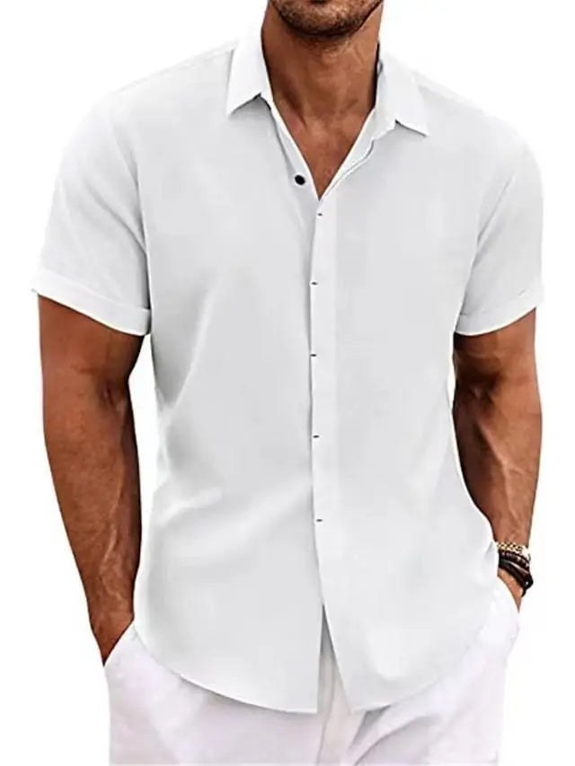Men's White Shirt Short-sleeved Cotton Linen Comfortable Solid Color Basic Top Casual Black Button Blouses for Male