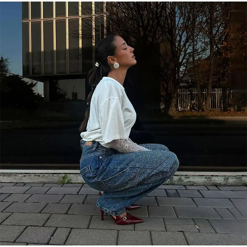 Rhinestone High Waist Jeans