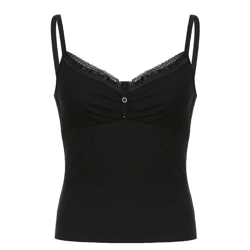 Sexy Folds Buttons Sleeveless Crop Top Black Vintage Y2K Corset Tops  Casual Basic T-shirt