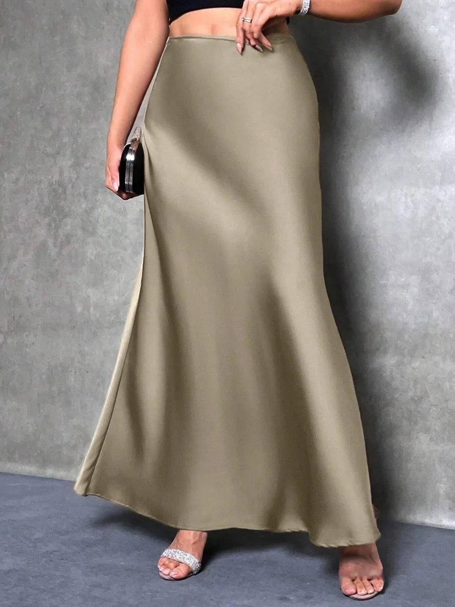 Women Ribbon Satin Long Skirts Summer High Elastic Waist Pleated Fake Mermaid Skirt DFFZ-B0038