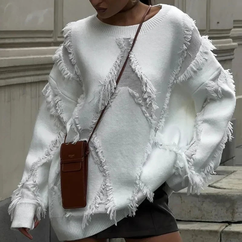 Talenza O-neck Hollow Patchwork Sweater Women's Casual Loose Tassel Sweater Pullover Solid  Long Sleeve Top Sweater Pullover Y2k