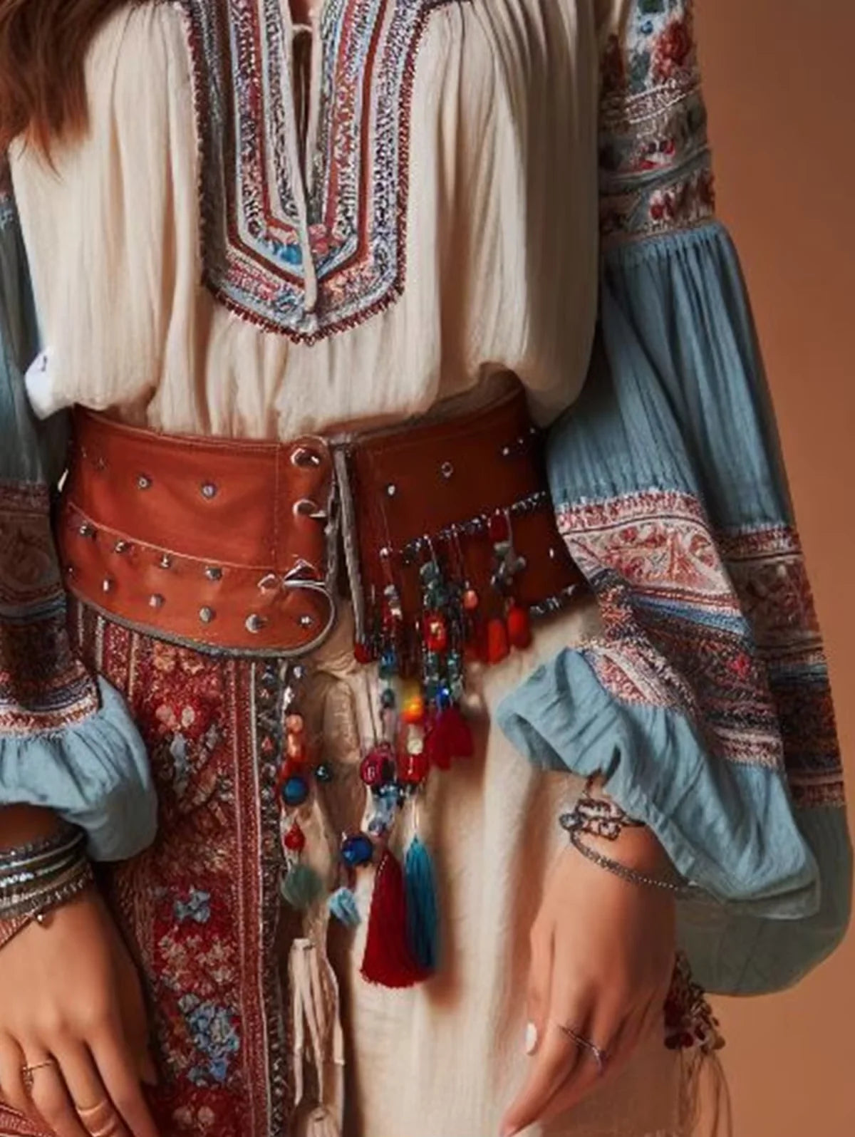 Lantern Sleeves Boho Blouse Floral Pattern Drawstring Lace Up Vintage Ethnic Style Women Shirts Tops Spring Autumn Chic Blouses