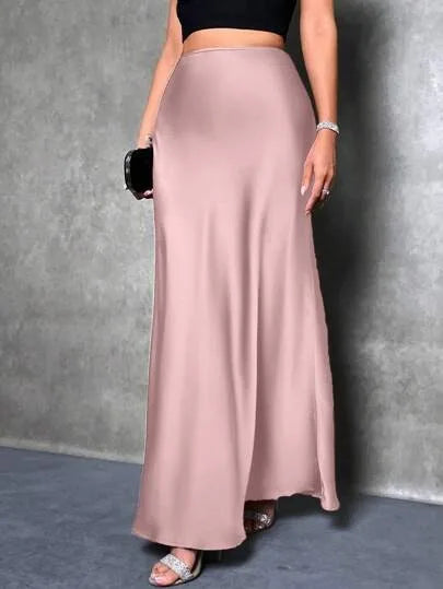 Women Ribbon Satin Long Skirts Summer High Elastic Waist Pleated Fake Mermaid Skirt DFFZ-B0038