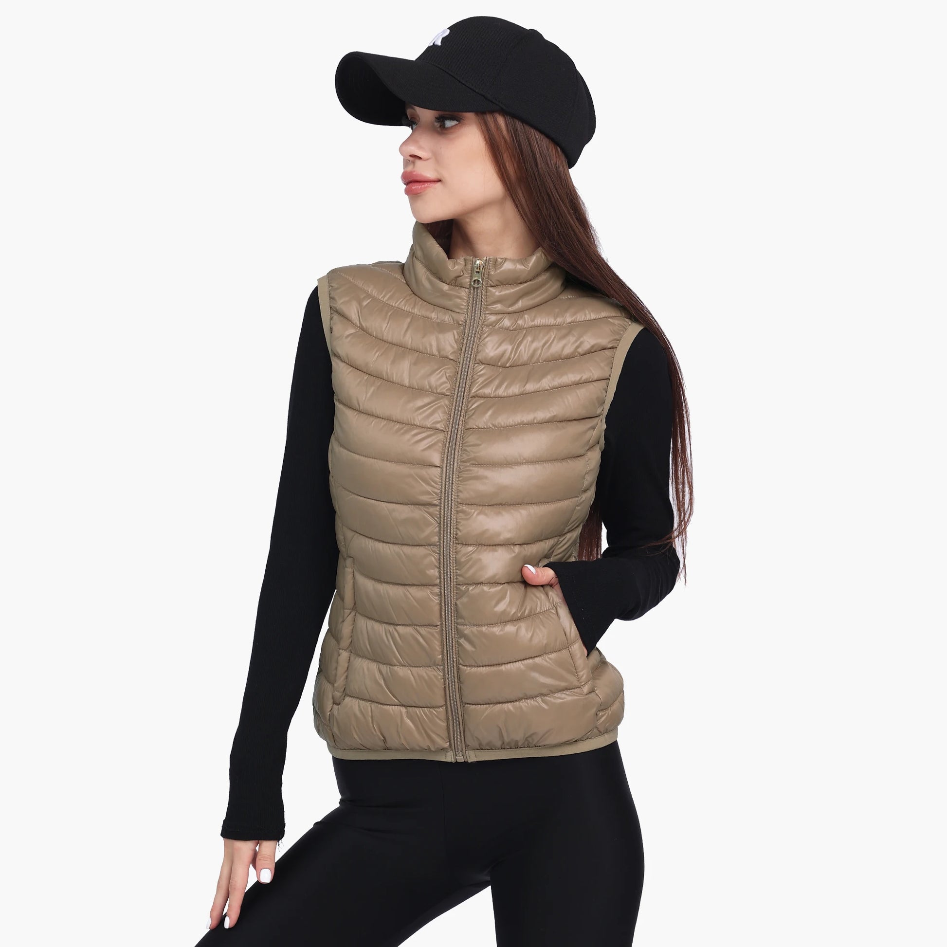 SANTELON Women Winter Lightweight Warm Water-Resistant Packable Puffer Vest With Pockets Sleeveless Stand Collar Coats Outerwear