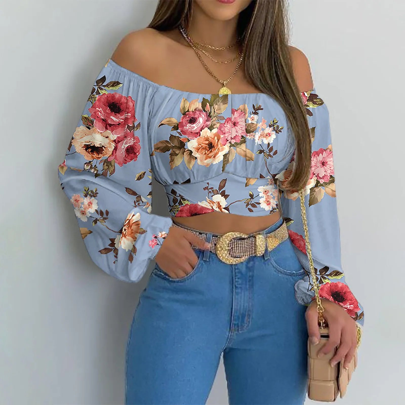 Sexy Slash Neck Backless Long Lantern Sleeve Floral Print Blouse Tops Summer Women Criss Cross Bandage Cropped T Shirt Tops