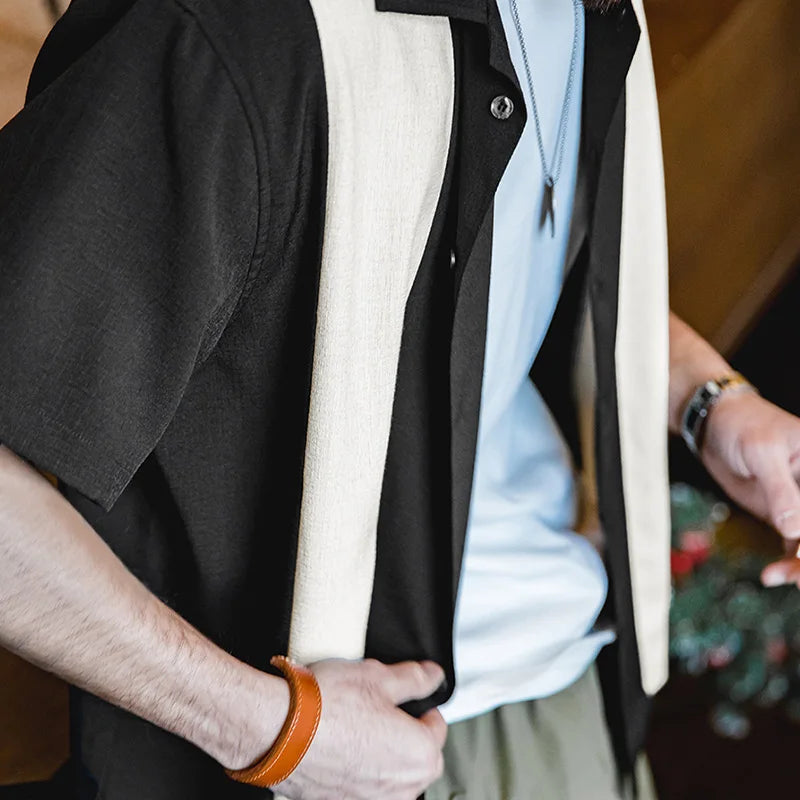 Maden Summer Men's Casual Linen Shirt Cuban Collar Button Down Short Sleeve Shirts Korean Style Breathable Hawaiian Blouses