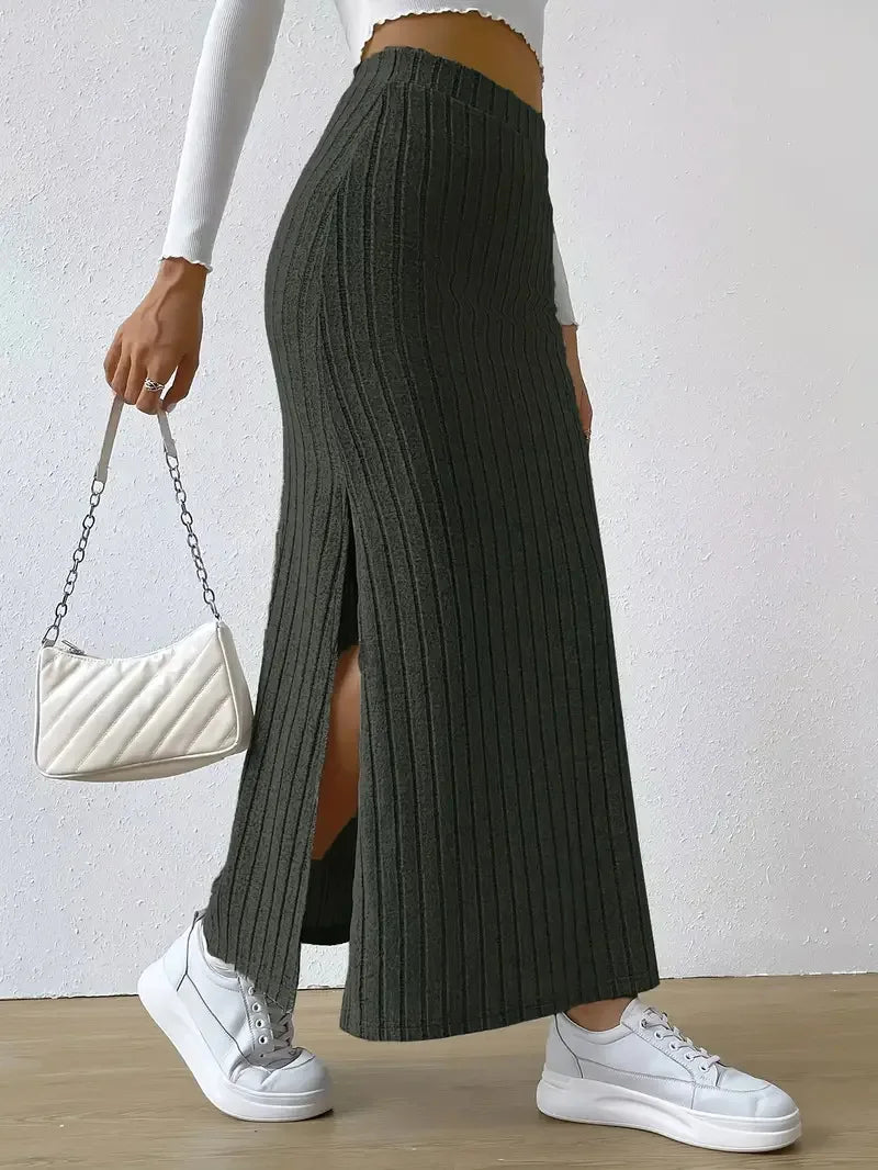 Knitted Skirt With Hip Slits For Women 2024 New Summer Style Side Slim Solid Color High Waist Long Skirt