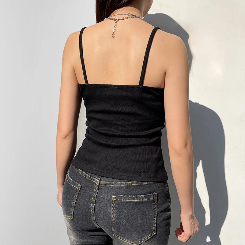 Sexy Folds Buttons Sleeveless Crop Top Black Vintage Y2K Corset Tops  Casual Basic T-shirt