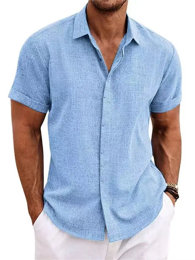 Men's White Shirt Short-sleeved Cotton Linen Comfortable Solid Color Basic Top Casual Black Button Blouses for Male