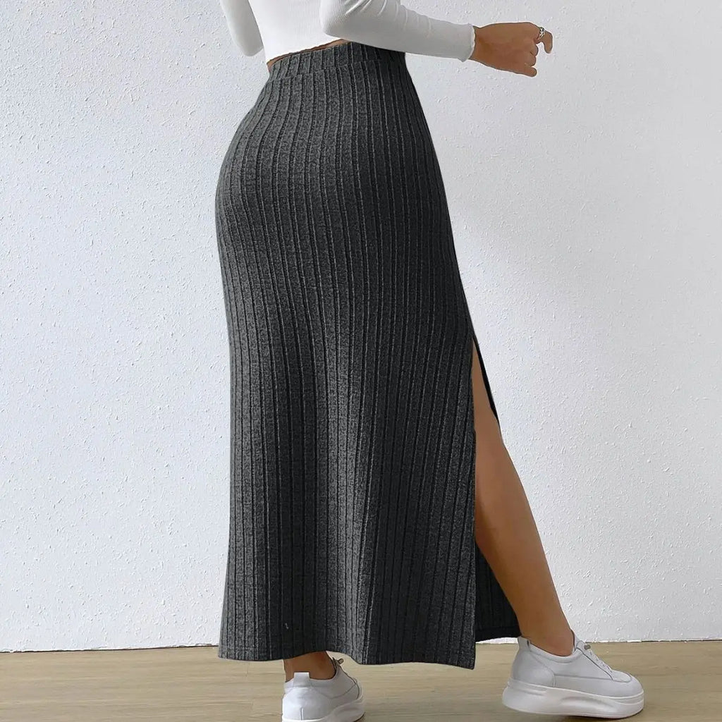 Knitted Skirt With Hip Slits For Women 2024 New Summer Style Side Slim Solid Color High Waist Long Skirt