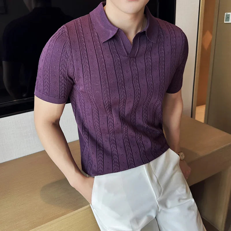 Men's Polo Shirt, Striped Jacquard Knit Short Sleeve, T-shirt V-neck Solid Color Elastic Top 2024. M-3XL,Summer Purple Thin