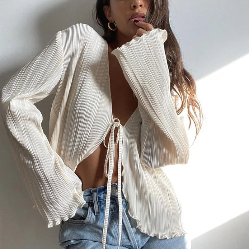 2025 Women Pleated Plain Shirts Spring Fall Chic Long Flare Sleeve V- Neck Tie Up Cardigans Tops for Casual Party Street