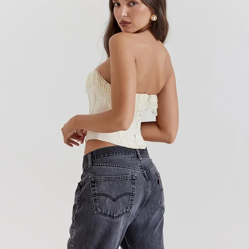 Pearl Tassel Corset Strapless Crop Tops Women 2024 Spring Sexy White Sleeveless Backless Tops Ladies Fashion Club Partywear