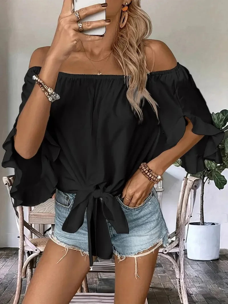 Summer One Shoulder Short Sleeved Tops for Women Solid Color Ruffle Sleeve T-Shirt Ladies Casaul Elegant Top Bow Tie Club Party